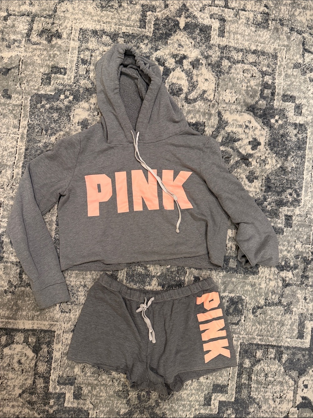 PINK Victoria's Secret Gray Hoodie & Shorts Set with Pink Logo